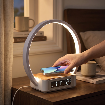 Wireless Charging Table Lamp — cozy bedroom nightstand at dusk; ring softly lit warm white — real-scene lifestyle v4