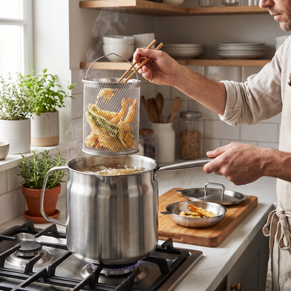 Stainless Steel Frying Pot — warm minimalist kitchen — real-scene lifestyle v4