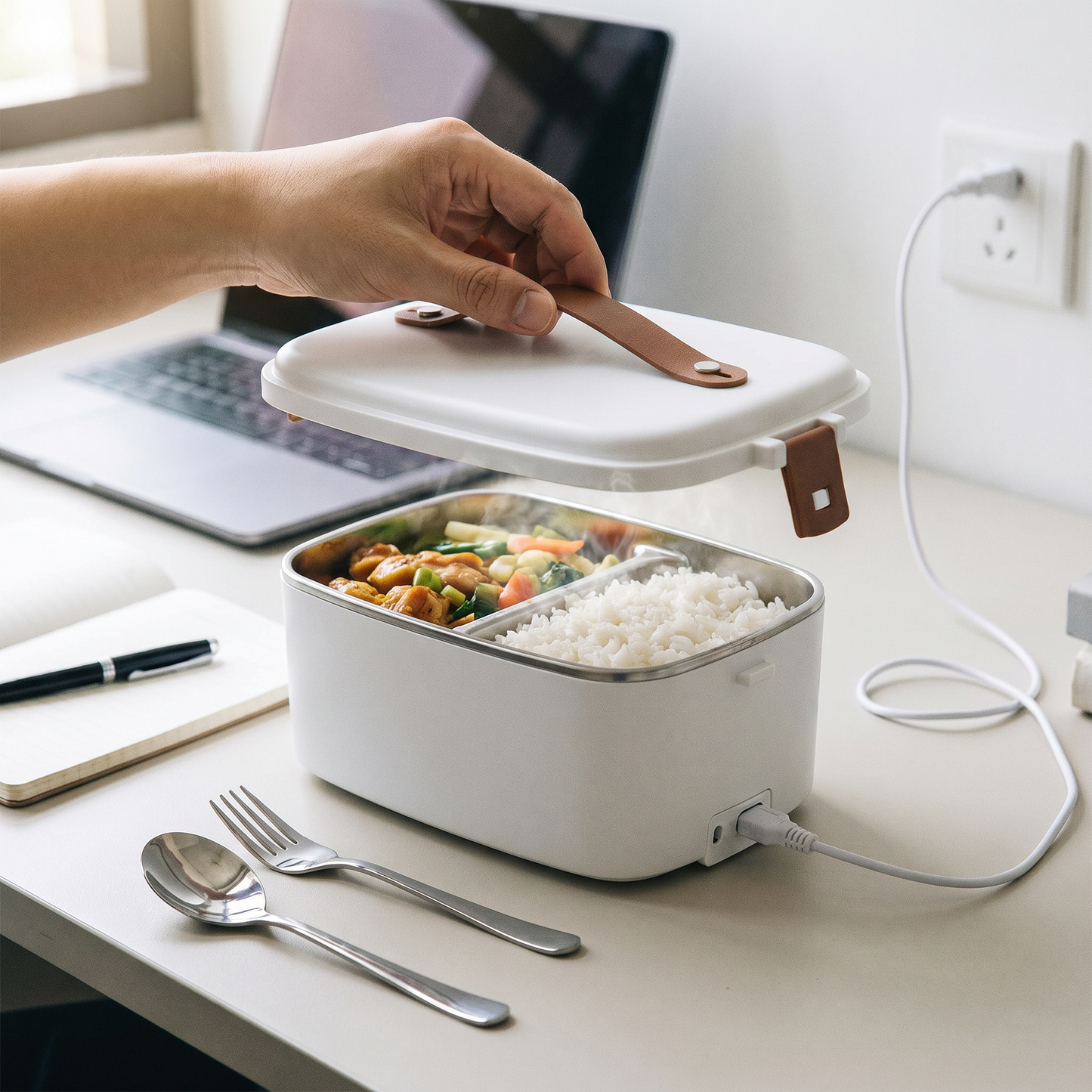 Electric Lunch Box — tidy office desk at lunchtime; lunch box open with a hot rice-and-vege — real-scene lifestyle v4