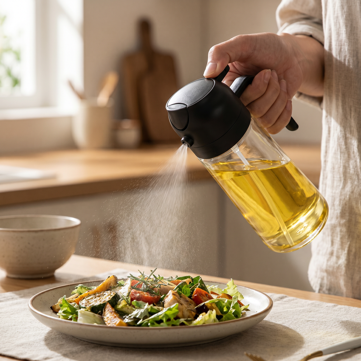 Oil Spray Bottle — warm minimalist kitchen — real-scene lifestyle v4