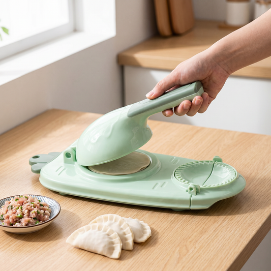 Dumpling Maker Press — warm minimalist kitchen at a light wood counter — real-scene lifestyle v4