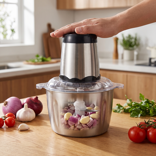 Electric Food Chopper — warm minimalist modern kitchen counter; chopper assembled with onion a — real-scene lifestyle v4