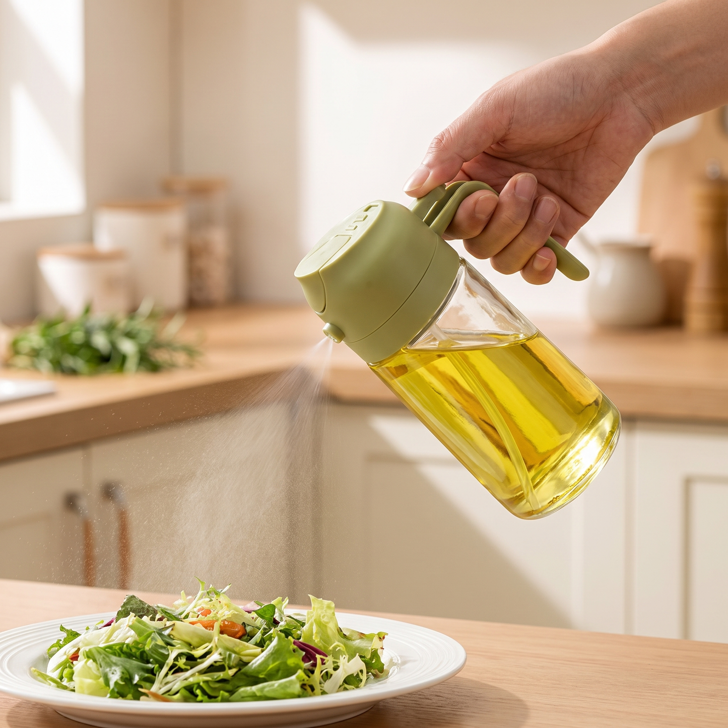 Glass Oil Sprayer and Dispenser — warm minimalist kitchen — real-scene lifestyle v4