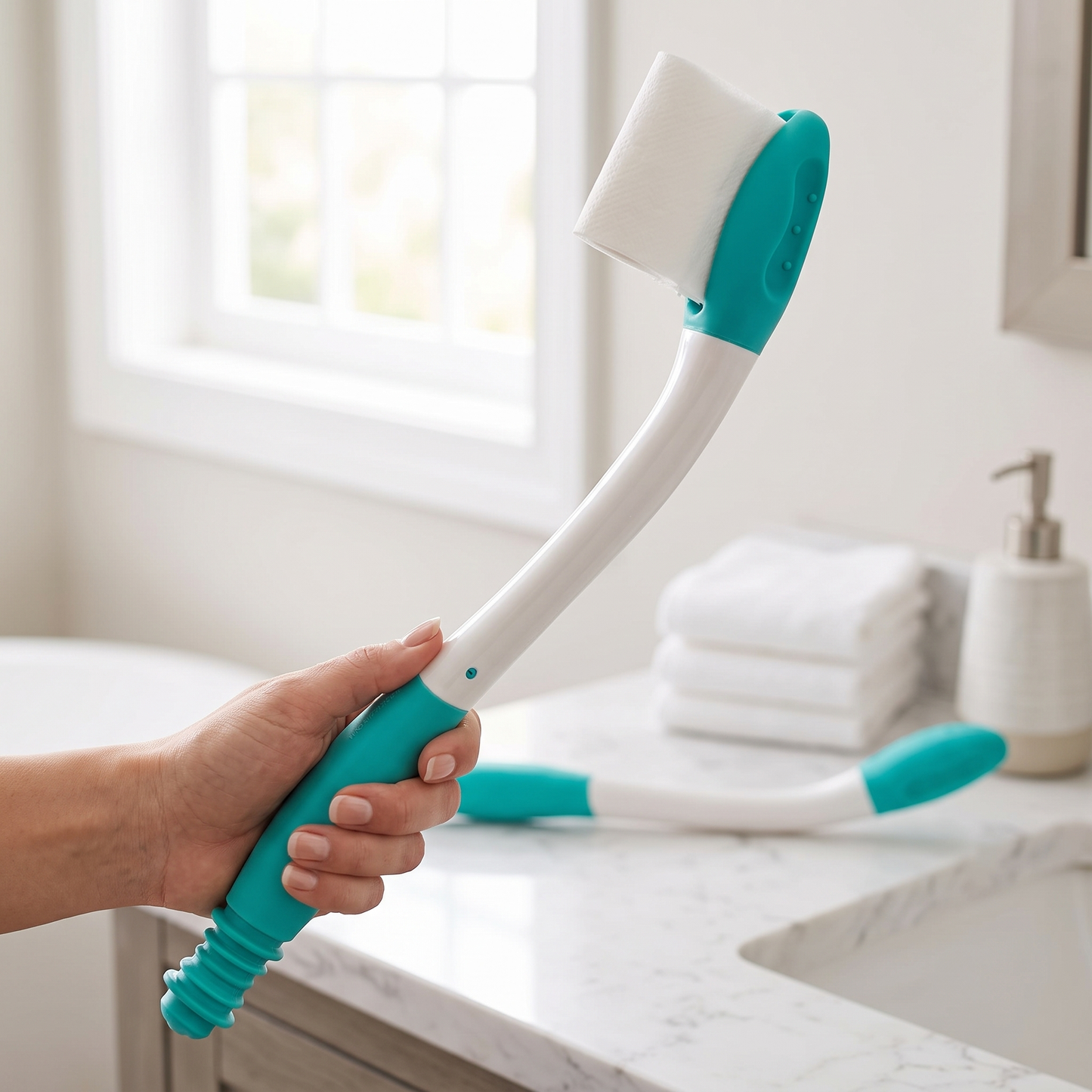 Long Reach Toilet Aid — clean bright modern marble bathroom — real-scene lifestyle v4