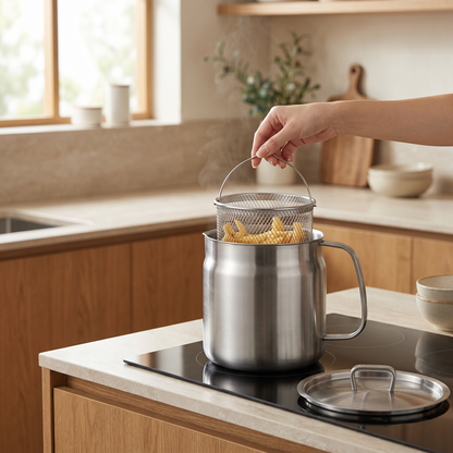 Deep Frying Pot with Strainer — warm minimalist modern kitchen — real-scene lifestyle v4