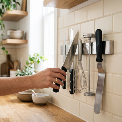Magnetic Knife Holder — Warm minimalist modern kitchen with subway-tile wall above a wood coun — real-scene lifestyle v4