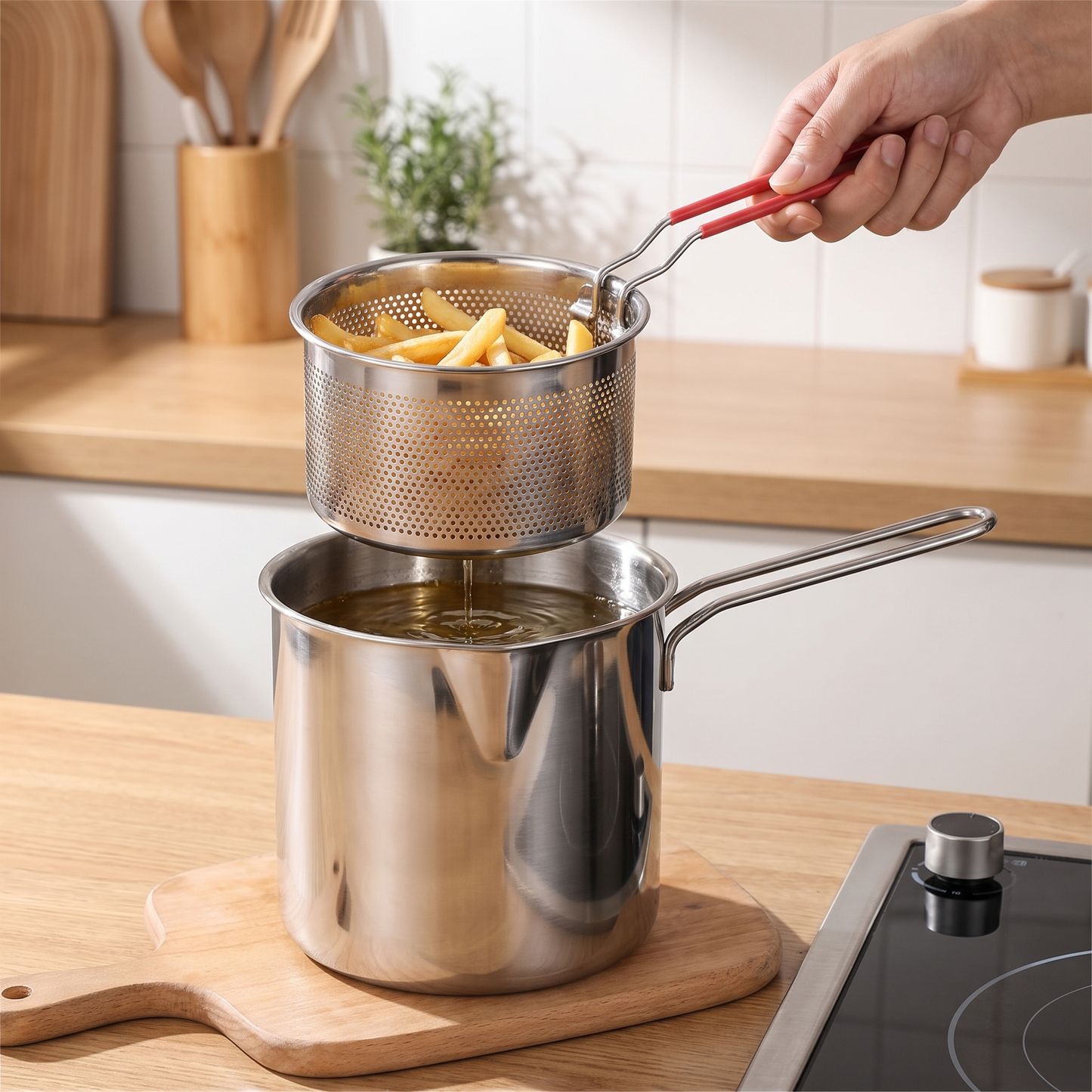 Deep Fryer Pot — Warm minimalist modern kitchen; mirror pot of oil on a wood board besi — real-scene lifestyle v4