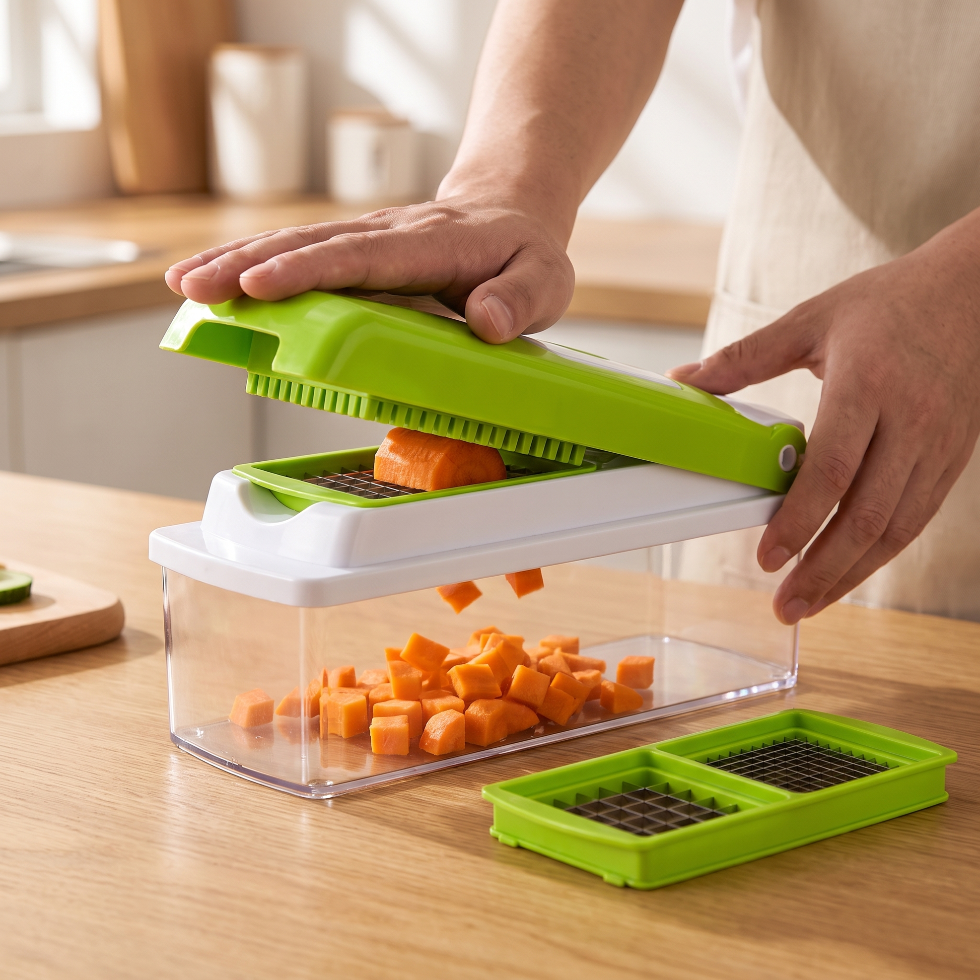 Multifunctional Vegetable Cutter — Warm minimalist modern kitchen; assembled chopper on a wood counter — real-scene lifestyle v4