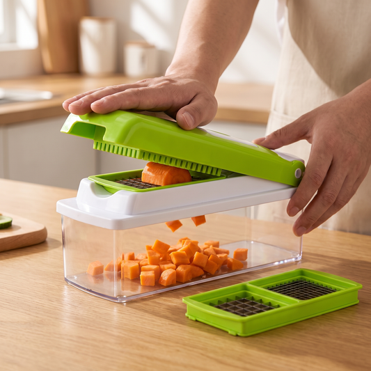Multifunctional Vegetable Cutter — Warm minimalist modern kitchen; assembled chopper on a wood counter — real-scene lifestyle v4