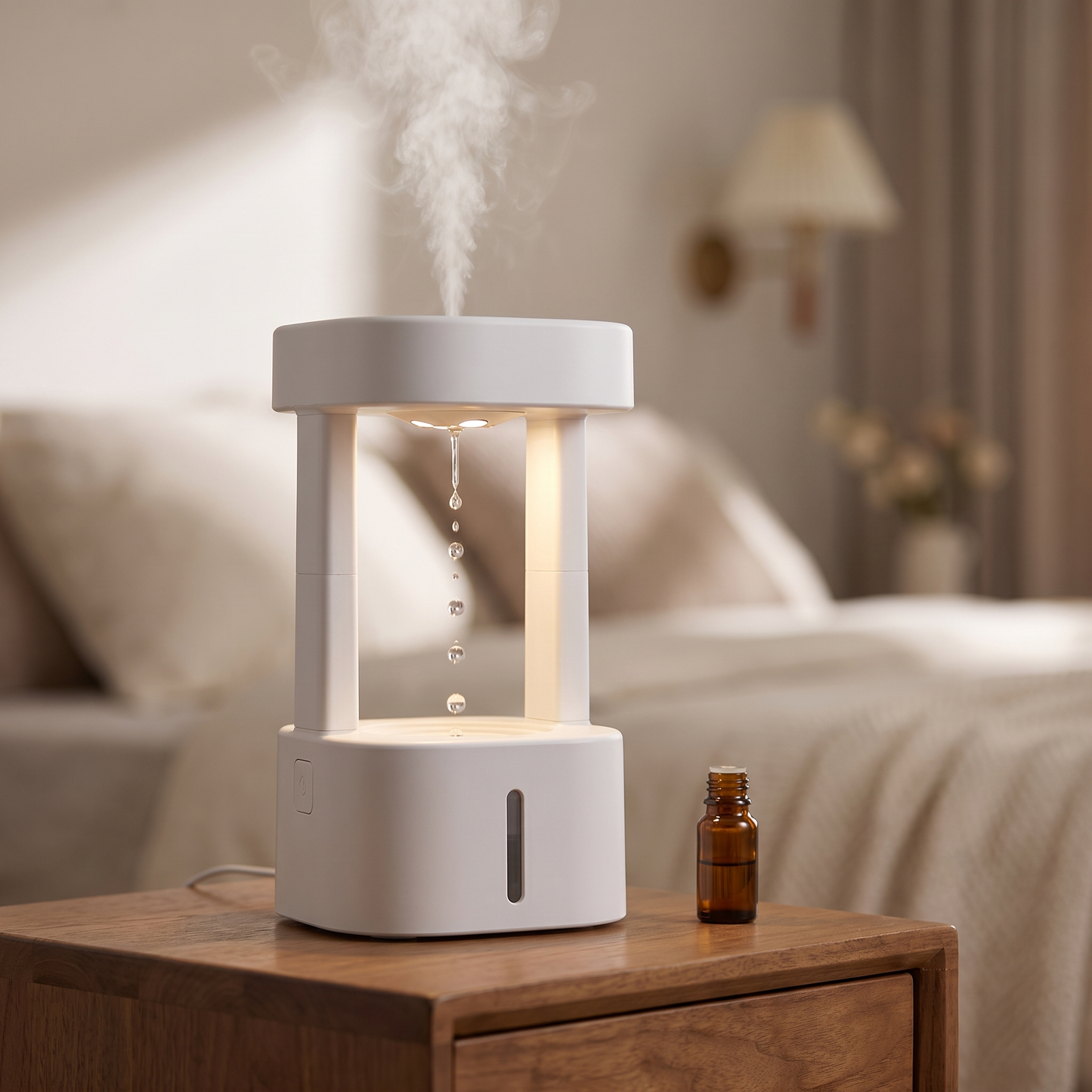 Rain Cloud Aromatherapy Diffuser — calm nighttime bedroom — real-scene lifestyle v4
