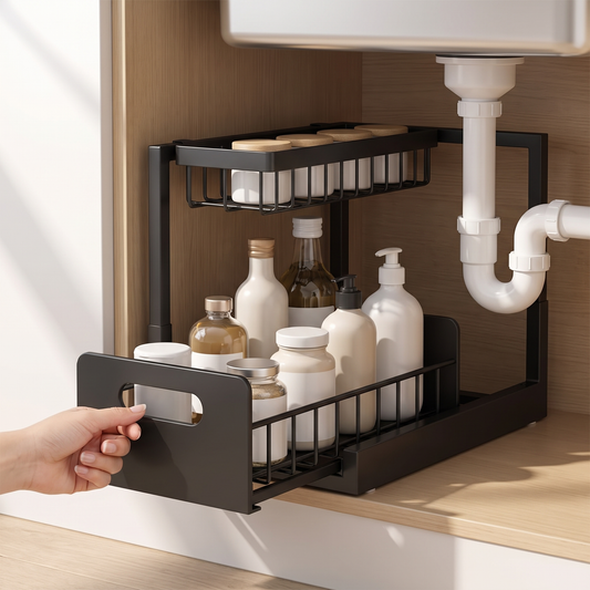 Slide-Out Under Sink Organizer — interior of an open under-sink cabinet — real-scene lifestyle v4
