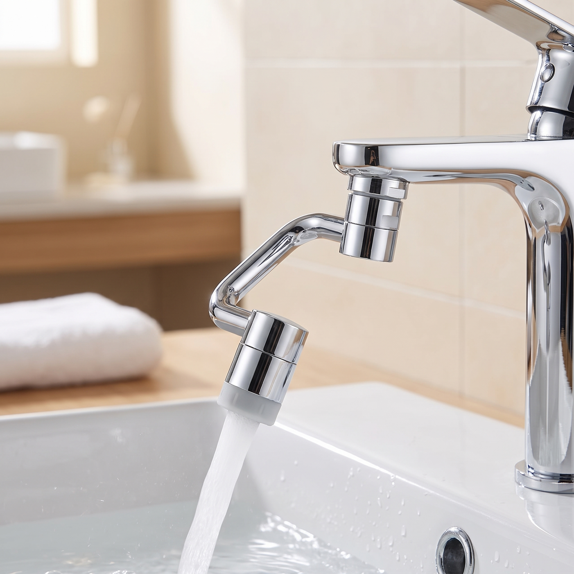 Rotating Faucet Extender — warm minimalist modern bathroom — real-scene lifestyle v4