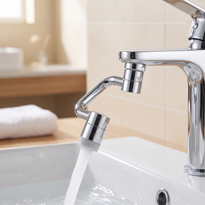 Rotating Faucet Extender — warm minimalist modern bathroom — real-scene lifestyle v4