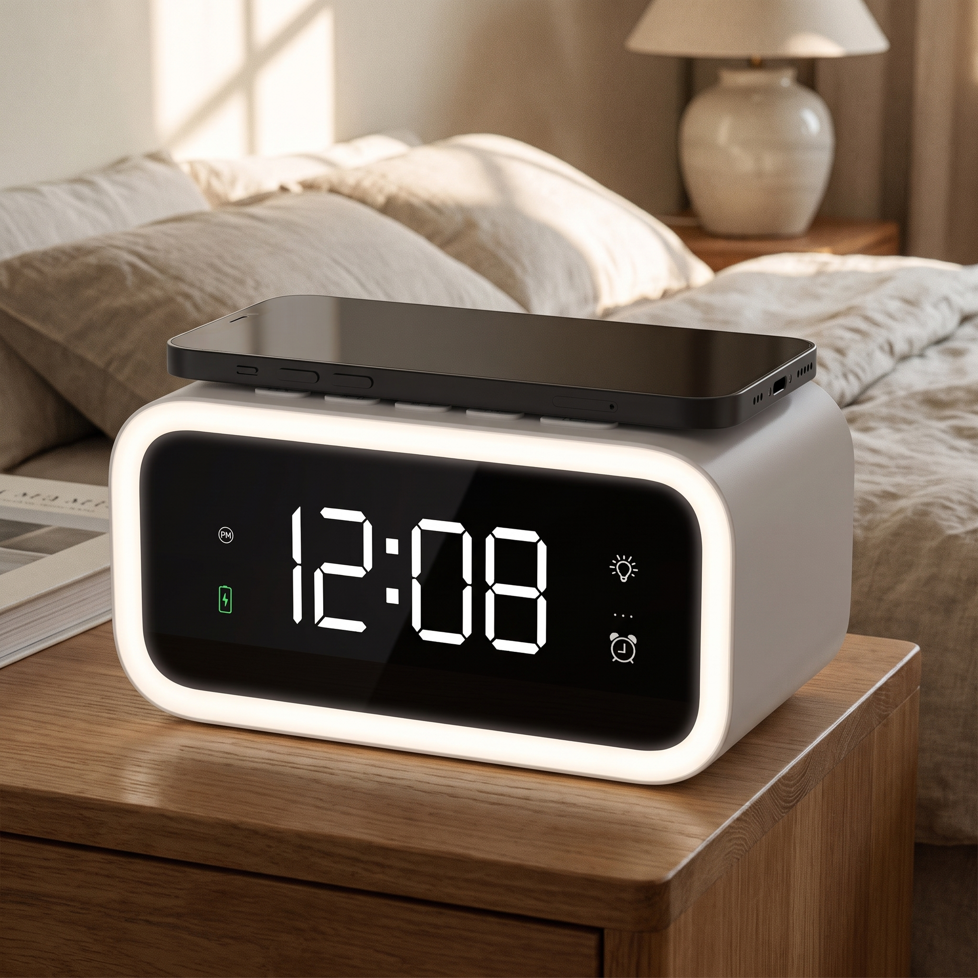 Alarm Clock with Wireless Charger — calm bedroom — real-scene lifestyle v4