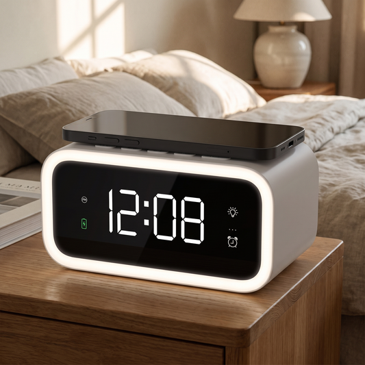 Alarm Clock with Wireless Charger — calm bedroom — real-scene lifestyle v4