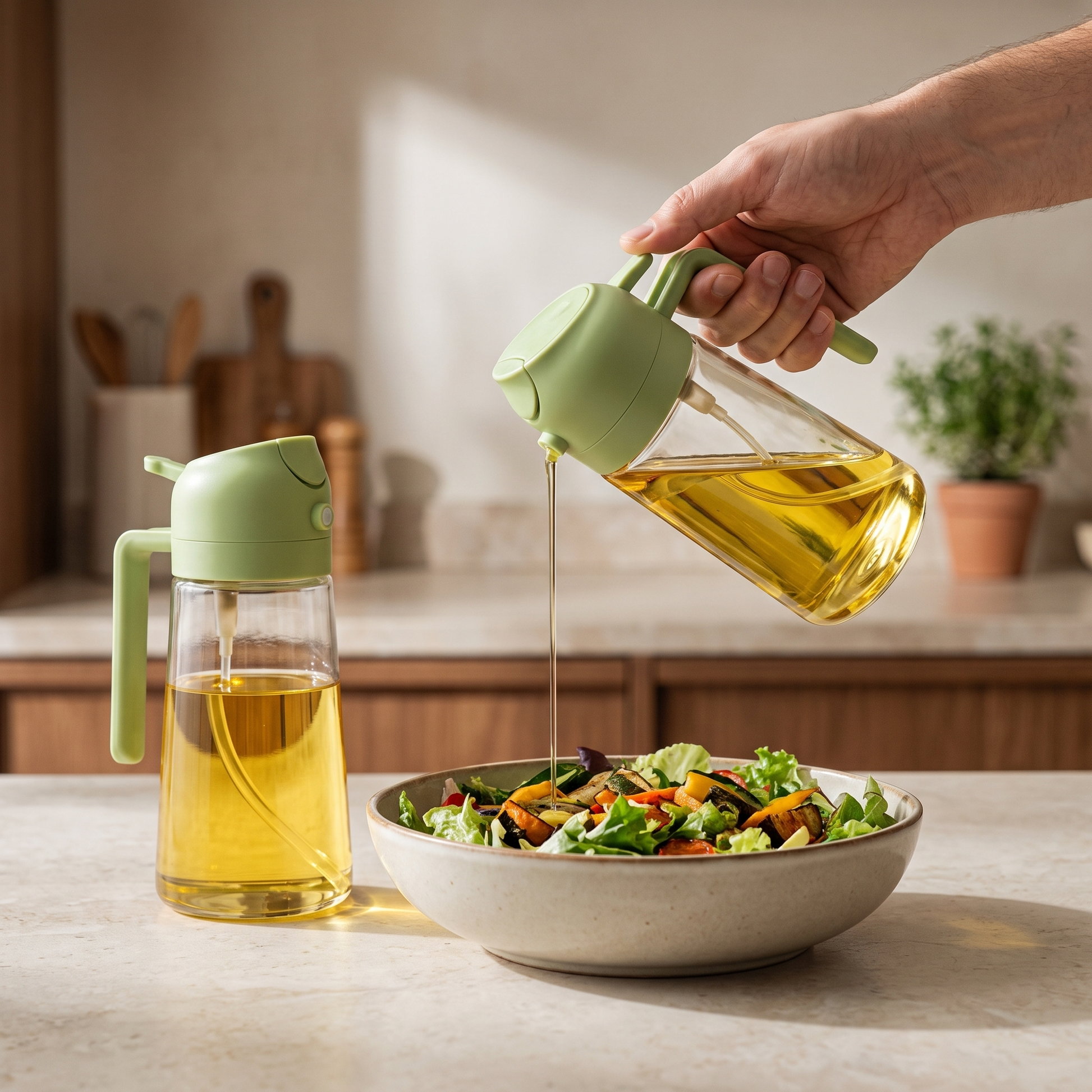 Oil Dispenser and Sprayer Bottle — warm minimalist kitchen countertop; one bottle held by the handle pour — real-scene lifestyle v4