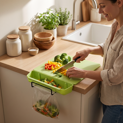 Cutting Board with Tray — warm minimalist kitchen — real-scene lifestyle v4