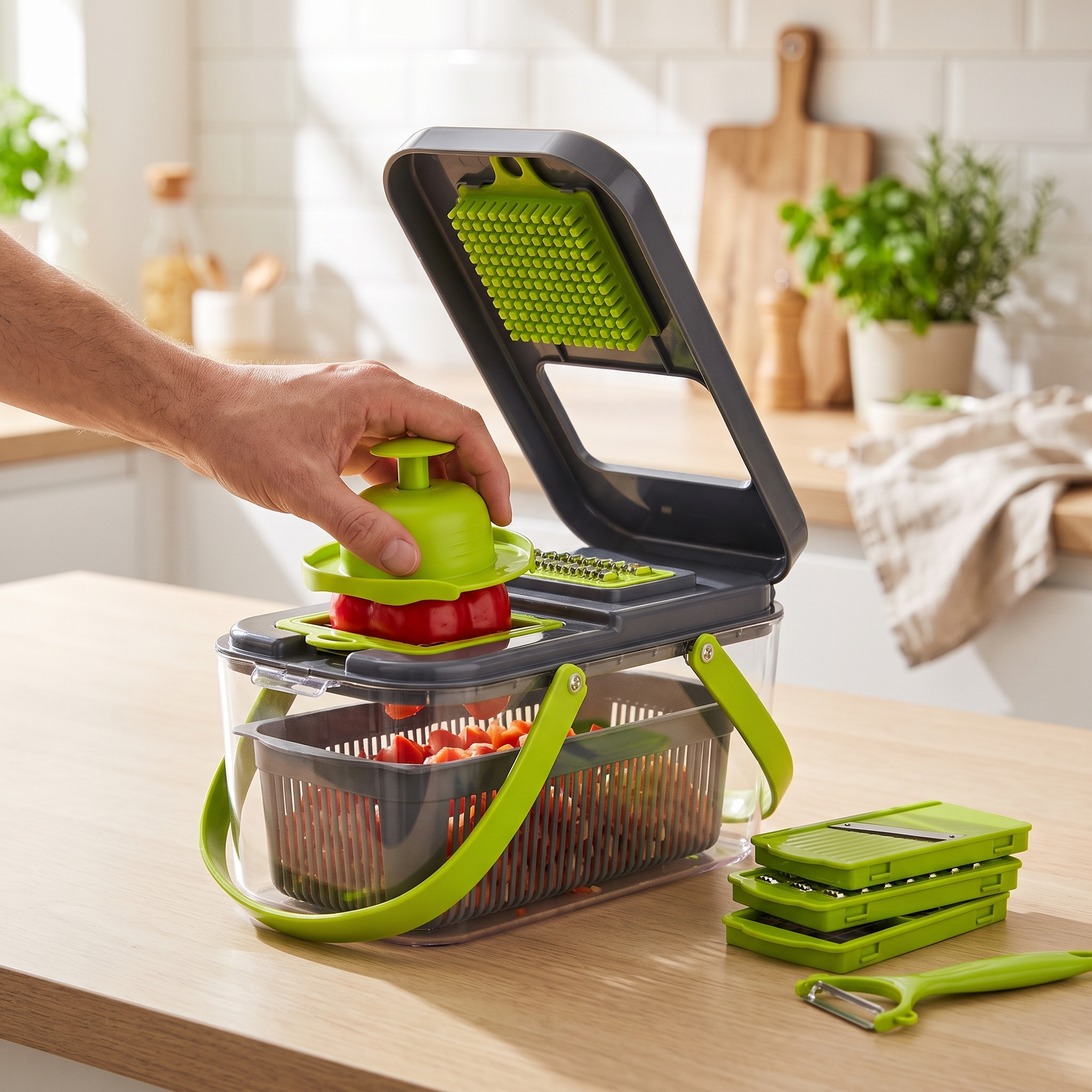 Multi-Blade Vegetable Slicer — warm minimalist kitchen countertop; hand pressing a red vegetable thro — real-scene lifestyle v4