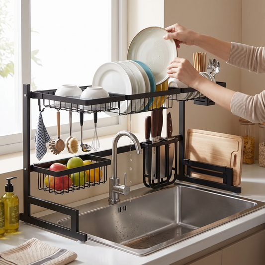 Stainless Steel Dish Drying Rack — warm minimalist modern kitchen — real-scene lifestyle v4
