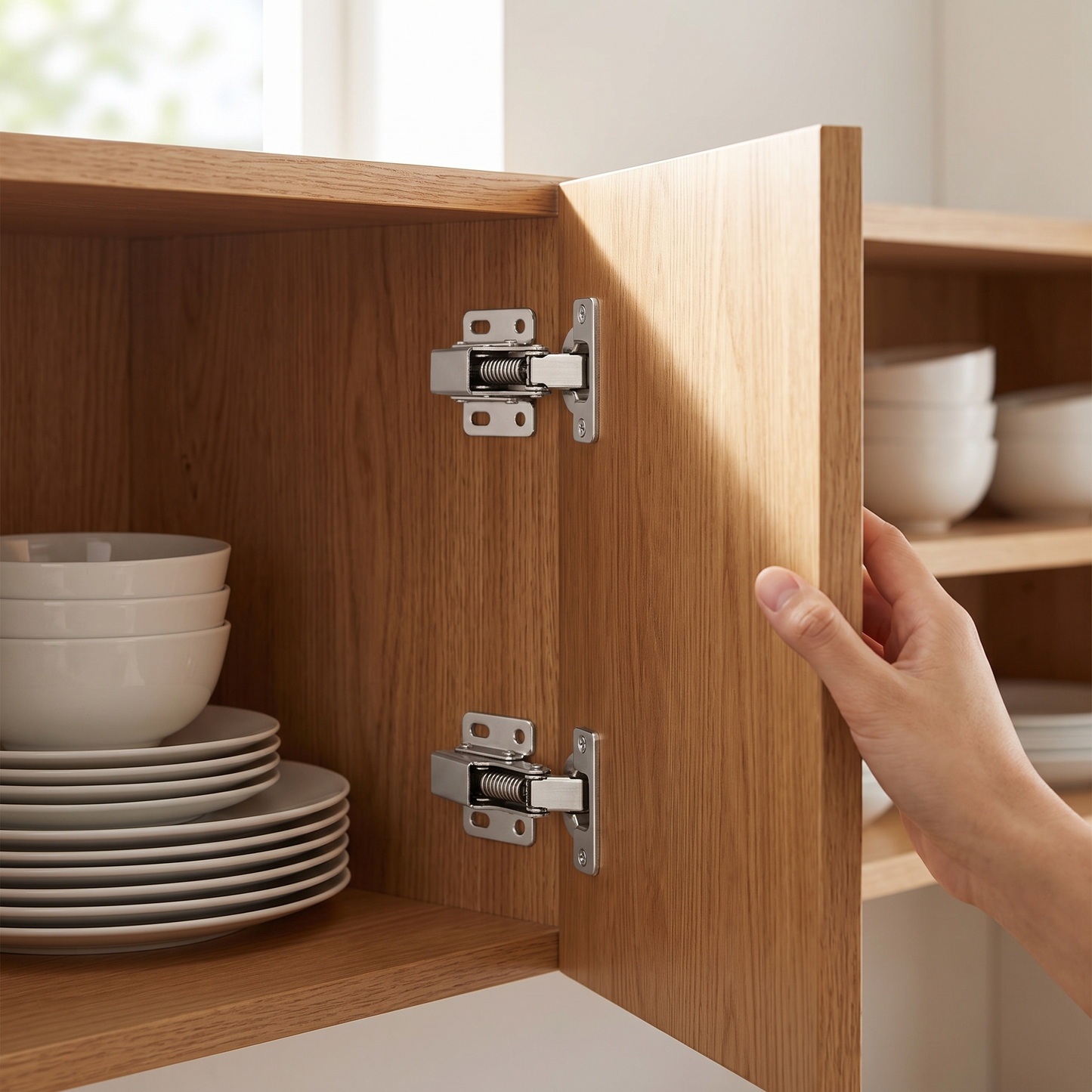 Soft-Close Cabinet Hinges — warm minimalist modern oak kitchen cabinet interior — real-scene lifestyle v4