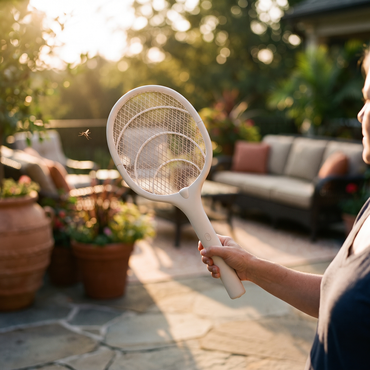 Rechargeable Bug Zapper Racket — sunlit outdoor patio/garden at dusk — real-scene lifestyle v4