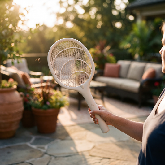 Rechargeable Bug Zapper Racket — sunlit outdoor patio/garden at dusk — real-scene lifestyle v4