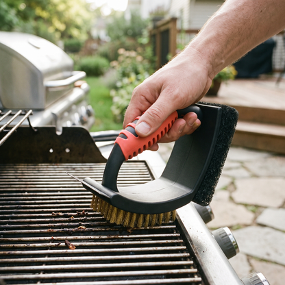 Brass Bristle Grill Brush — sunlit backyard patio at an outdoor gas grill — real-scene lifestyle v4