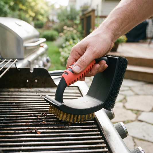 Brass Bristle Grill Brush — sunlit backyard patio at an outdoor gas grill — real-scene lifestyle v4