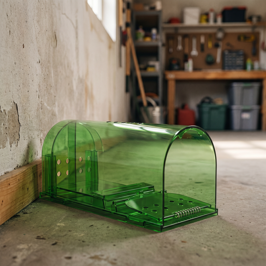 Humane Mouse Trap — garage/utility shed interior — real-scene lifestyle v4