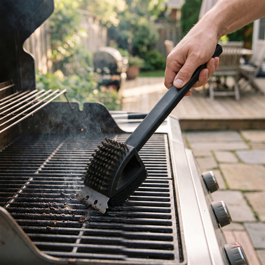 Barbecue Grill Brush — sunlit backyard patio at an outdoor gas grill — real-scene lifestyle v4