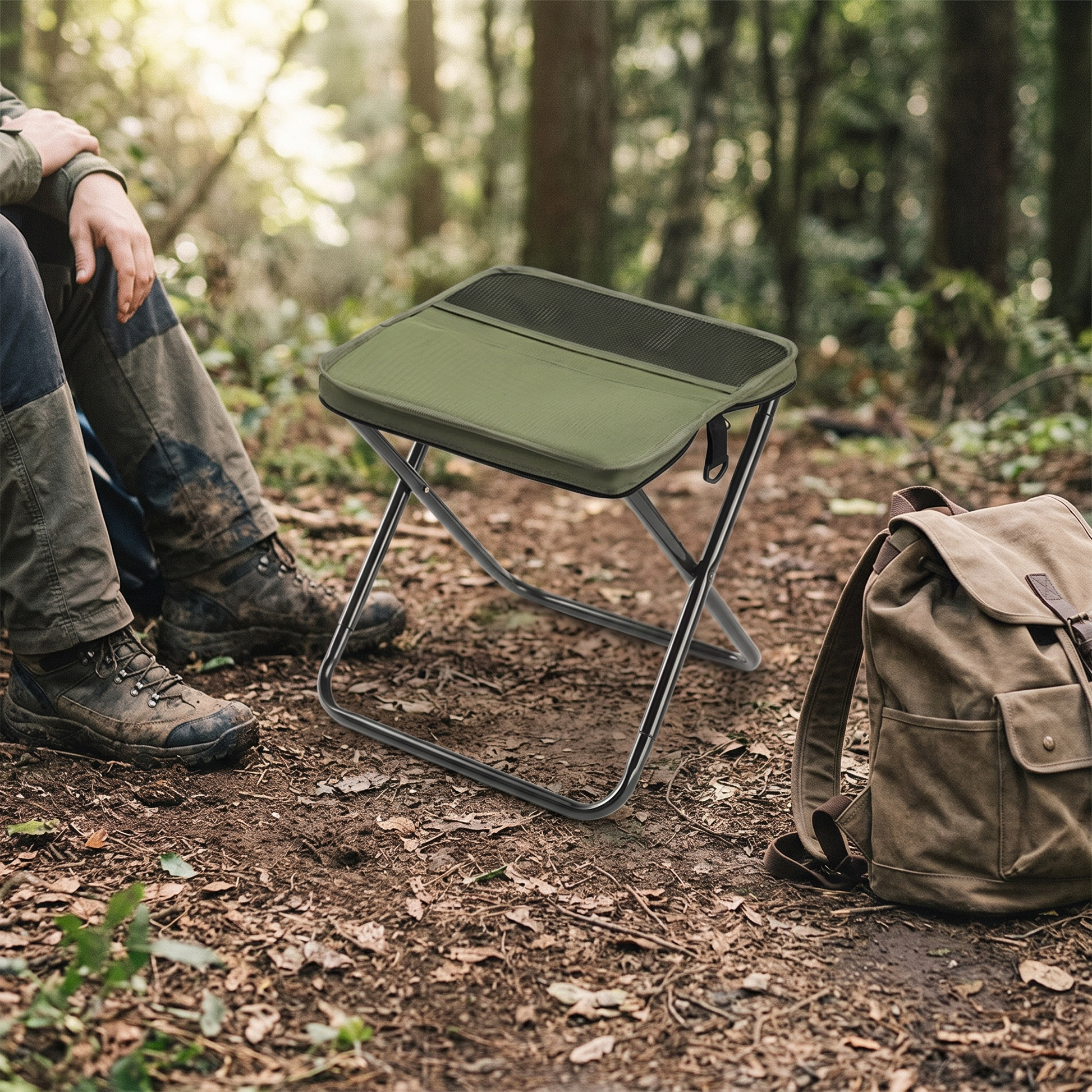 Foldable Backpack Seat — sunlit forest hiking trail clearing — real-scene lifestyle v4