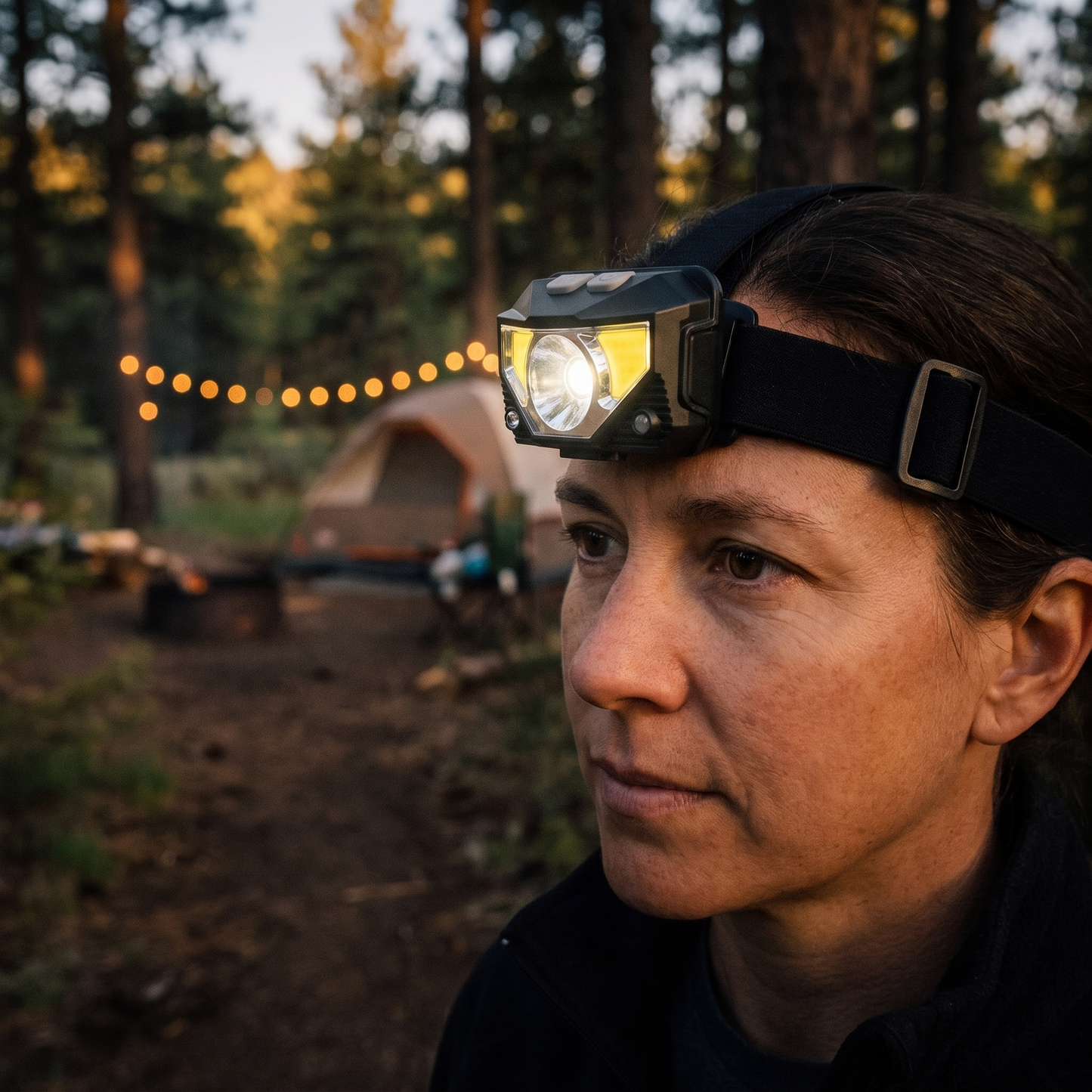 Rechargeable Motion Sensor Headlamp — campsite at dusk/golden hour — real-scene lifestyle v4