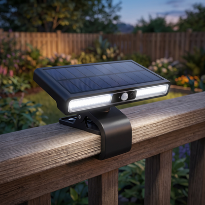 Solar Motion Sensor Fence Lights — wooden deck/fence rail in a sunlit-into-dusk backyard garden — real-scene lifestyle v4
