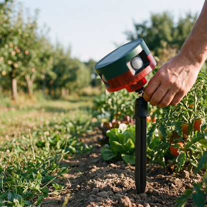 Solar Animal Repeller — sunlit orchard/vegetable garden row with apple trees — real-scene lifestyle v4