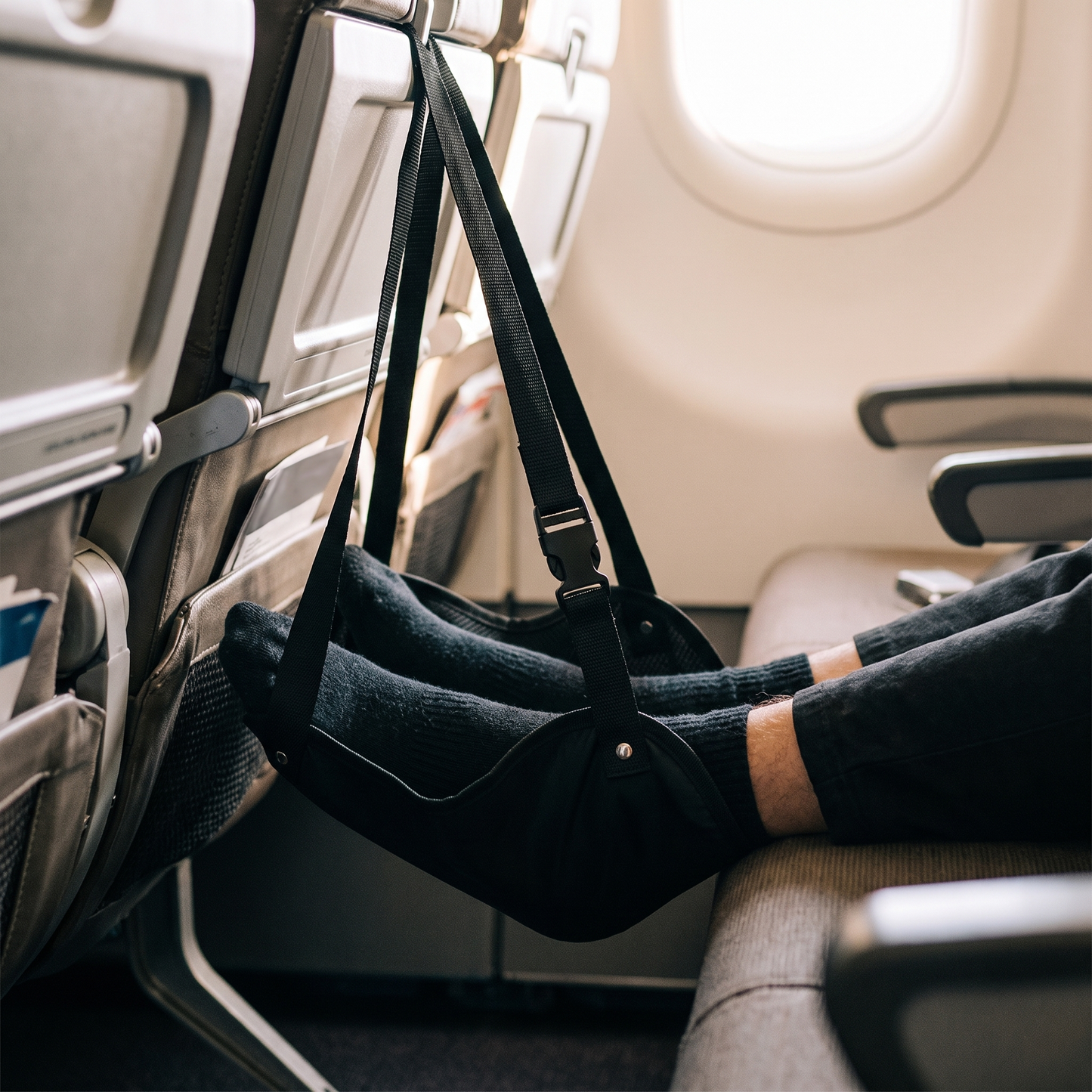 Airplane Footrest Hammock — real airplane cabin — real-scene lifestyle v4