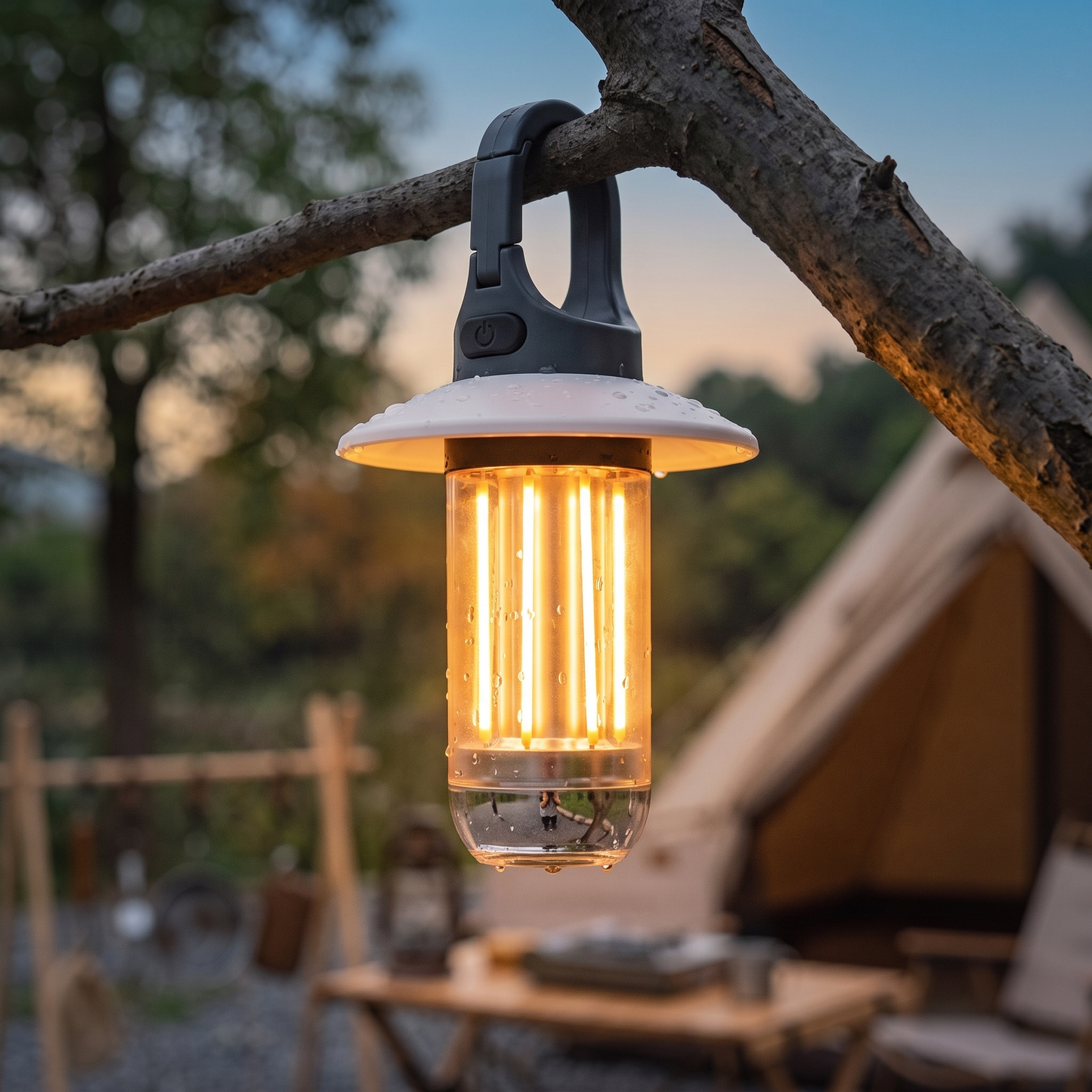 Rechargeable Camping Lantern — campsite at dusk — real-scene lifestyle v4