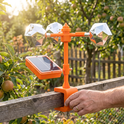 Solar Reflective Bird Repeller — sunlit apple orchard fence-line — real-scene lifestyle v4