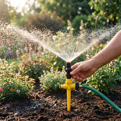 Adjustable Garden Sprinkler — sunlit backyard flower bed with mixed blooms — real-scene lifestyle v4