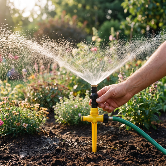 Adjustable Garden Sprinkler — sunlit backyard flower bed with mixed blooms — real-scene lifestyle v4