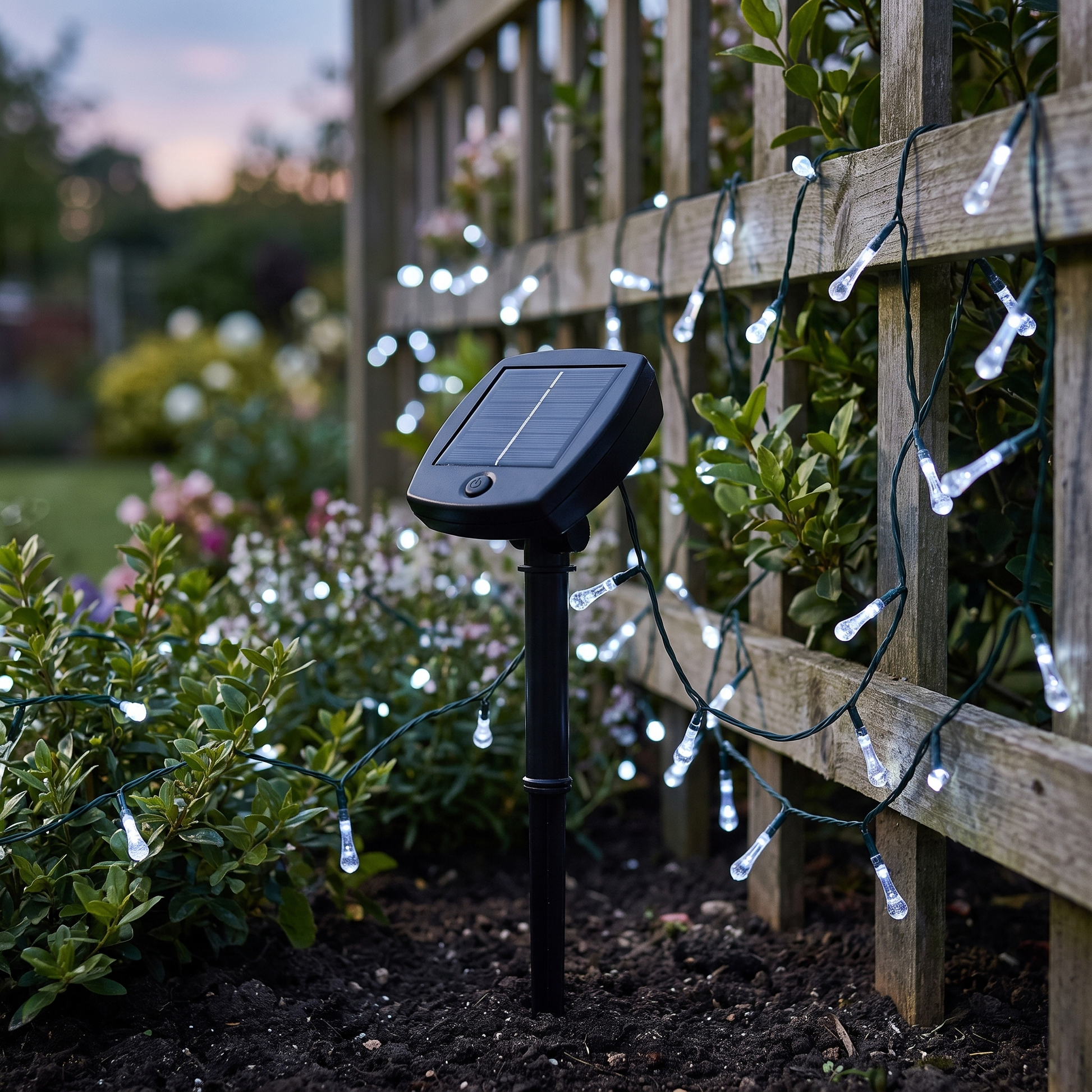 Solar Fairy String Lights — backyard garden at dusk/twilight — real-scene lifestyle v4