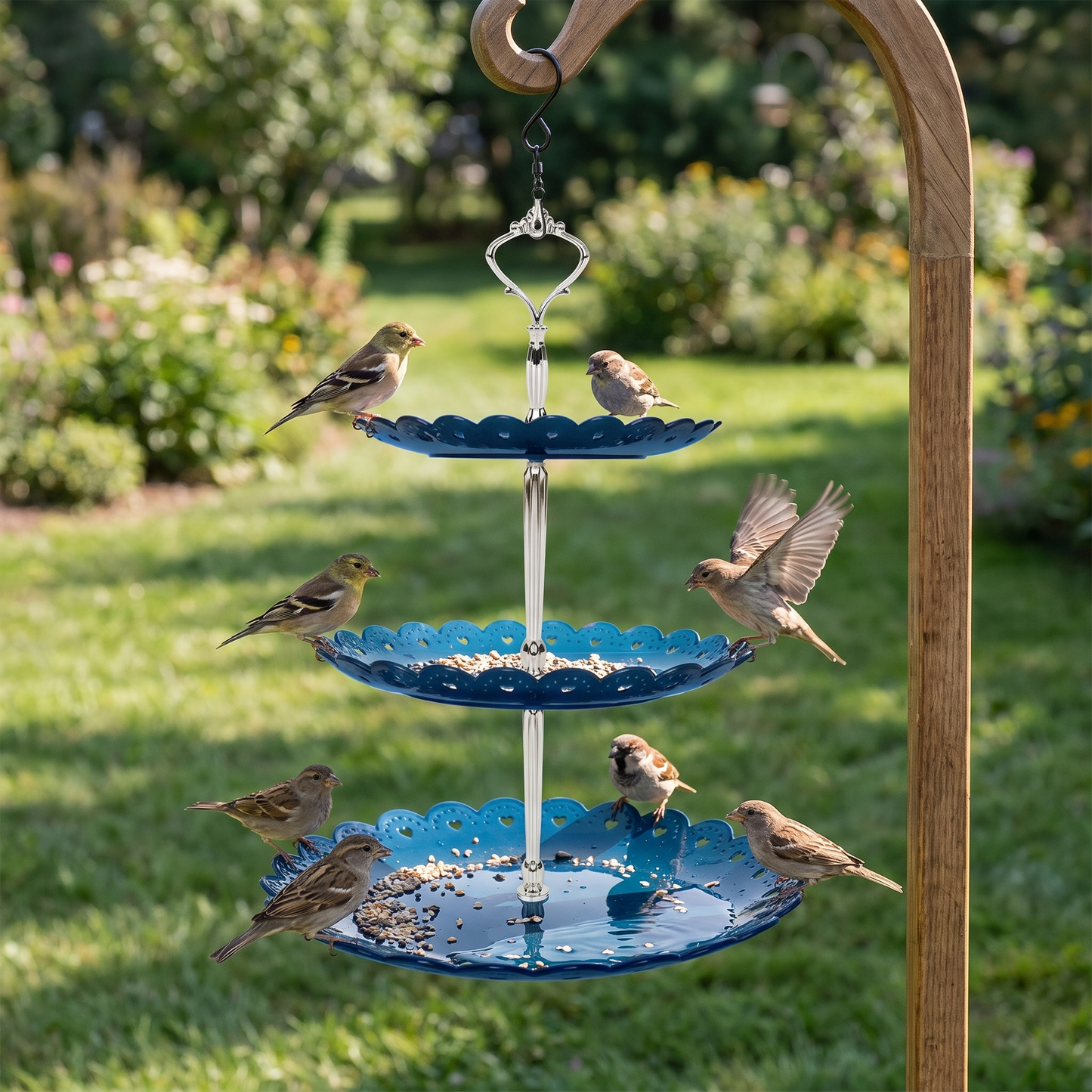Hanging Bird Feeder and Bath — sunlit backyard garden — real-scene lifestyle v4
