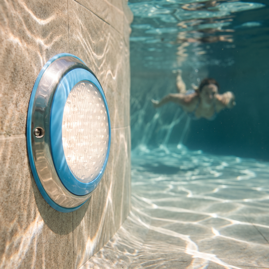 LED Underwater Pool Light — submerged on a real swimming pool wall — real-scene lifestyle v4