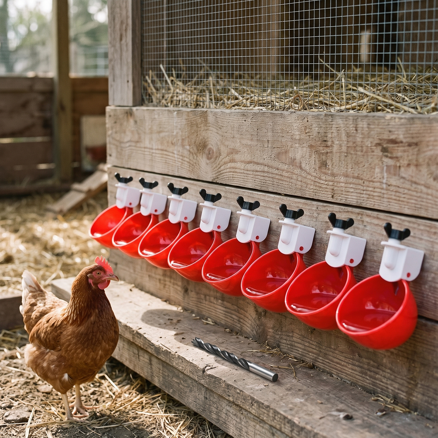 Automatic Chicken Waterer Cups — installed on a backyard chicken coop — real-scene lifestyle v4