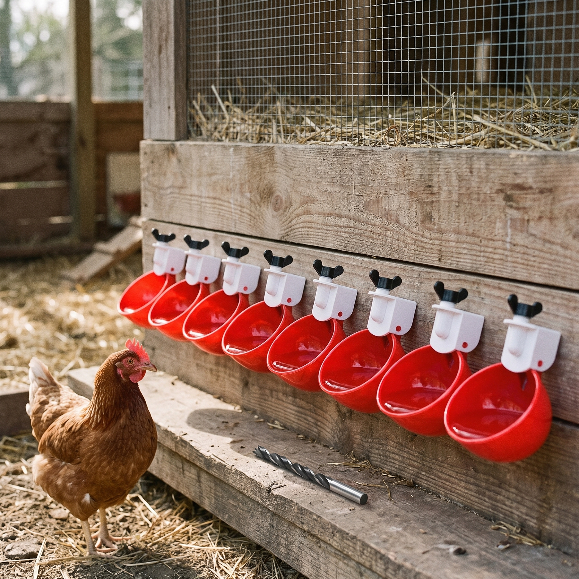 Automatic Chicken Waterer Cups — installed on a backyard chicken coop — real-scene lifestyle v4