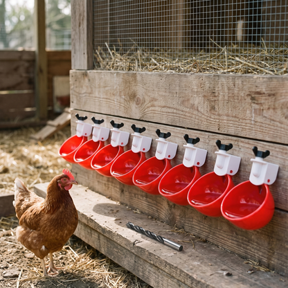 Automatic Chicken Waterer Cups — installed on a backyard chicken coop — real-scene lifestyle v4