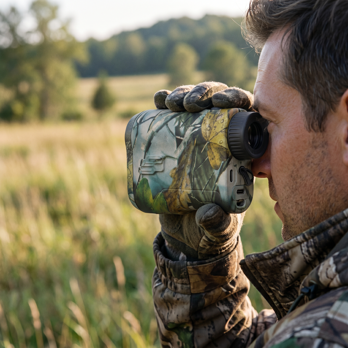 Laser Hunting Range Finder — aimed across an open field — real-scene lifestyle v4