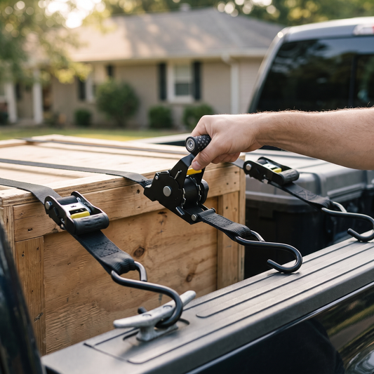 Retractable Ratchet Straps — truck bed cargo area in a driveway — real-scene lifestyle v4