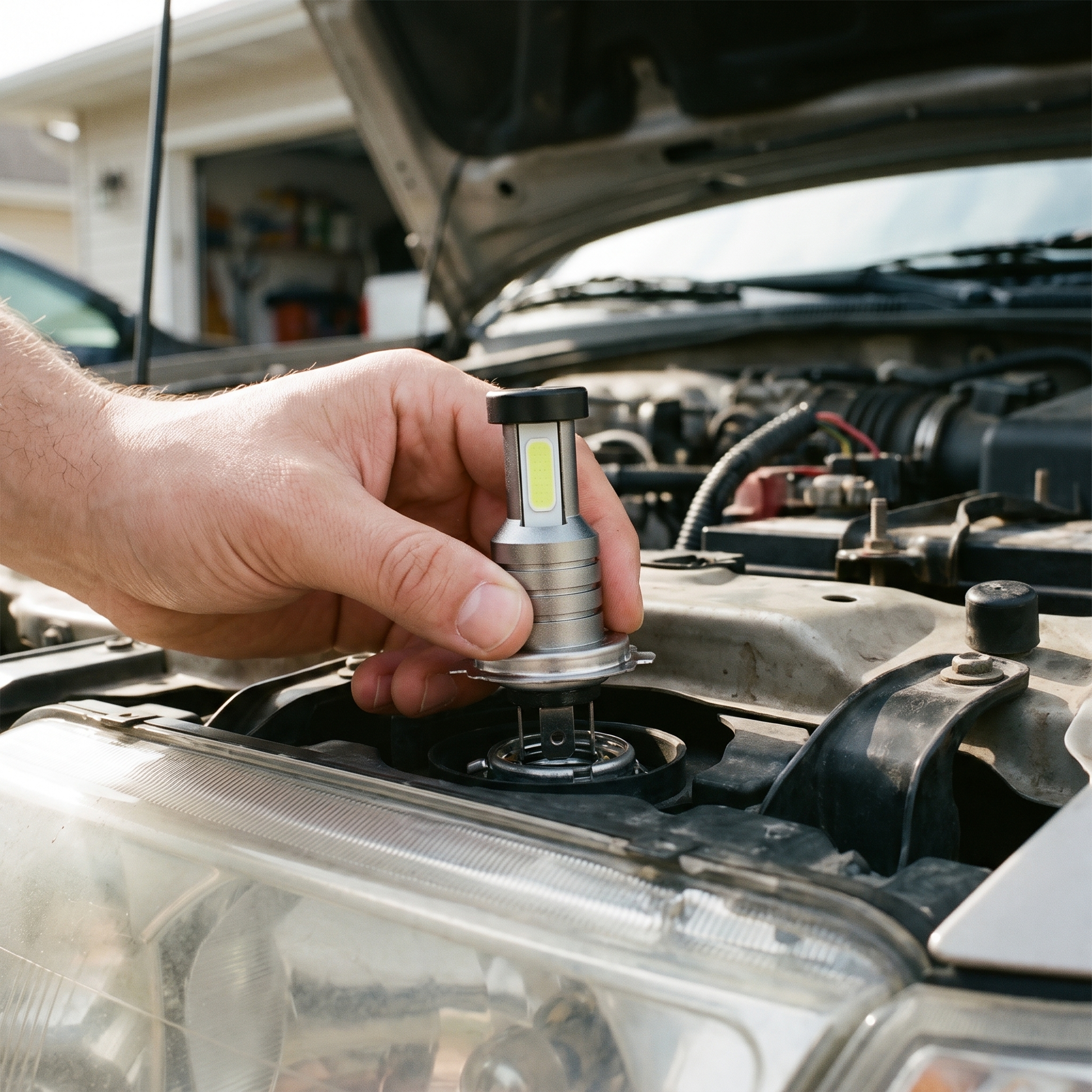 H7 LED Headlight Bulb Kit — at the car — real-scene lifestyle v4