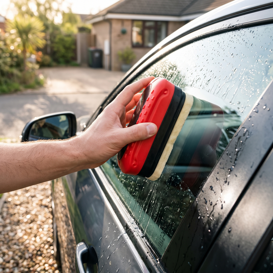 Car Glass Cleaner — at the vehicle in a driveway — real-scene lifestyle v4