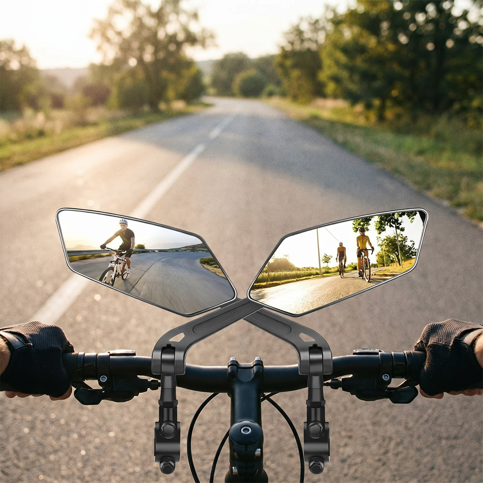 Wide-Angle Bike Mirrors — outdoors on a road/path — real-scene lifestyle v4